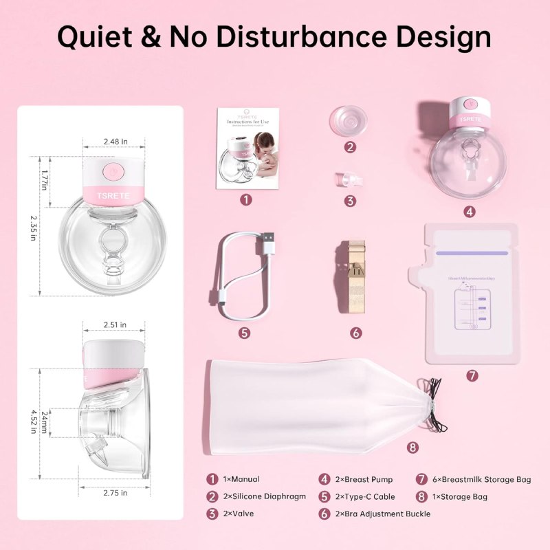 TSRETE Double Wearable Electric Breast Pump 6oz – Hands-Free Rechargeable with 9 Levels (2)